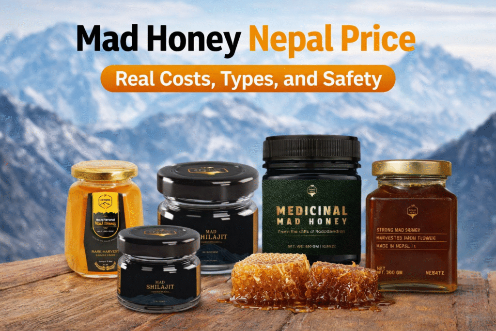 Mad honey products from Nepal displayed with Himalayan mountains in the background, showing different jars of Himalayan mad honey and medicinal honey with price-focused headline.